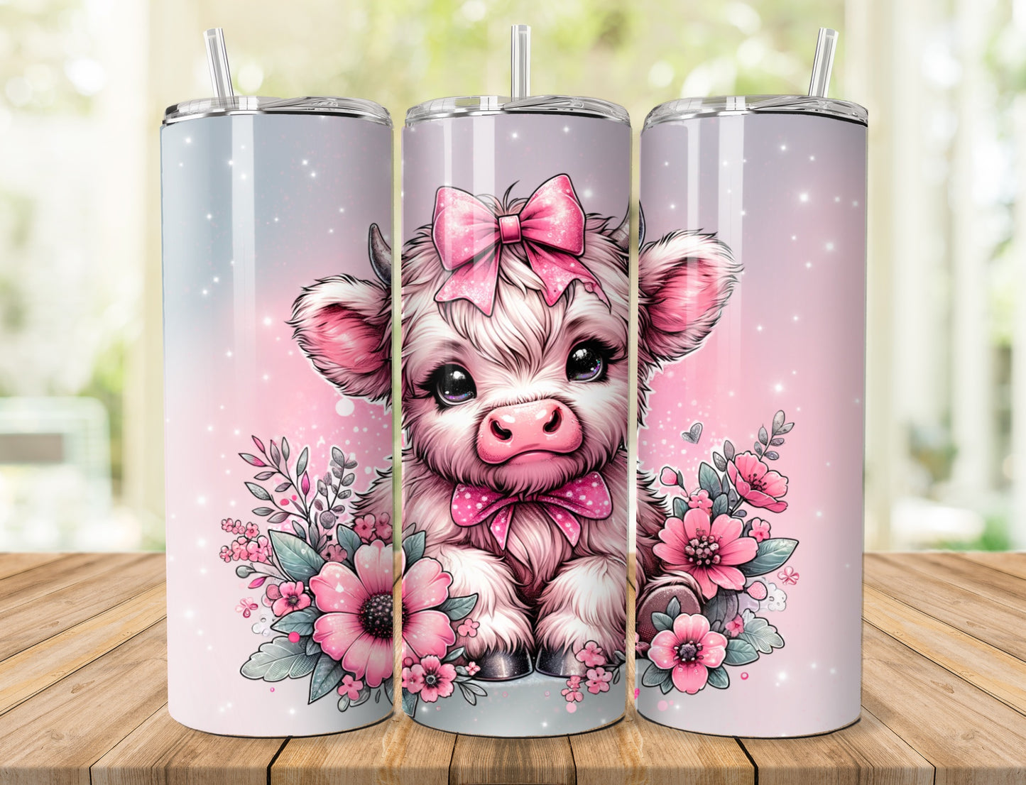 Pink Flower Bow Highland Cow 20oz Tumbler